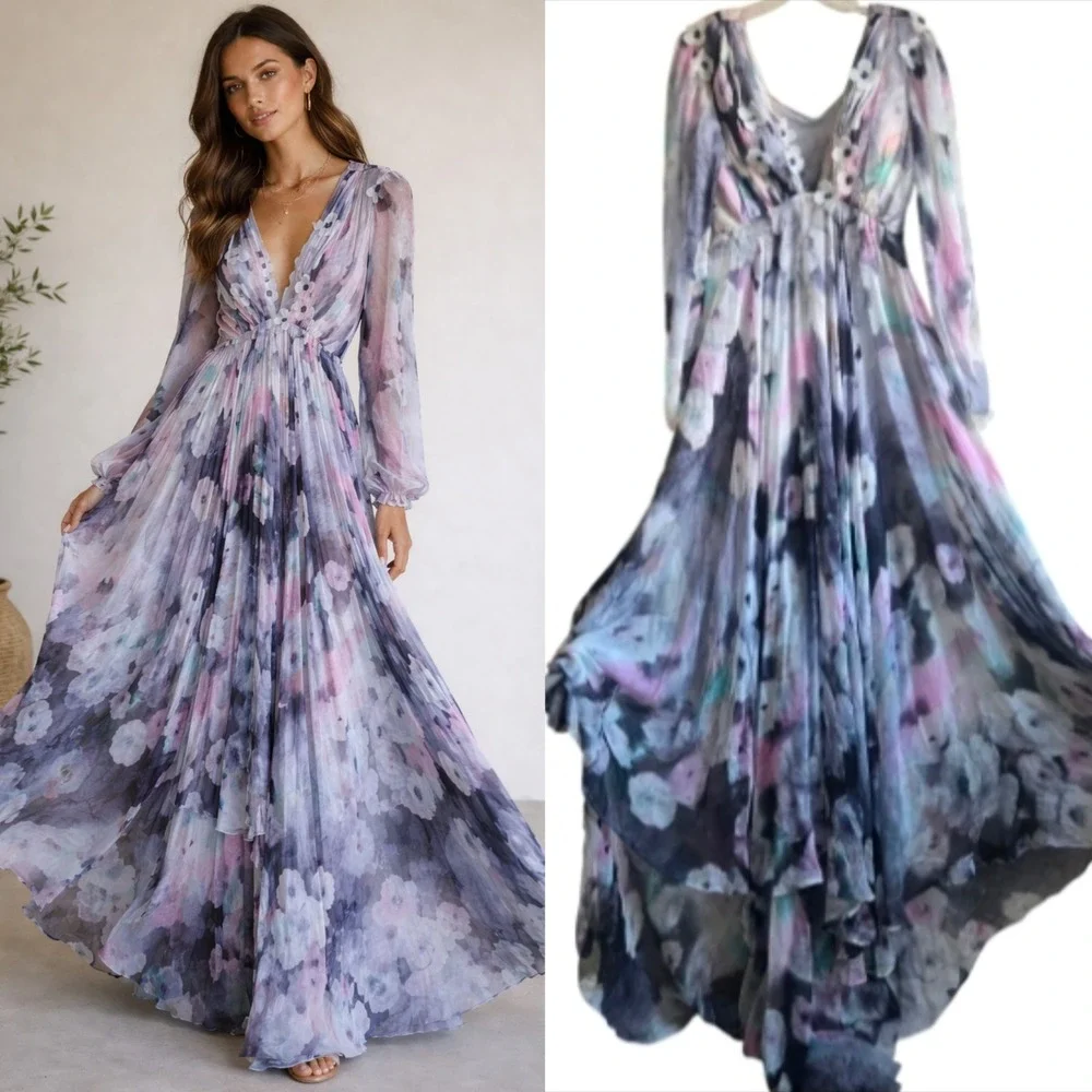 Vtg Handmade M Maxi Gown Womens Grey Pink Floral Good 3D Floral Applique V-Neck